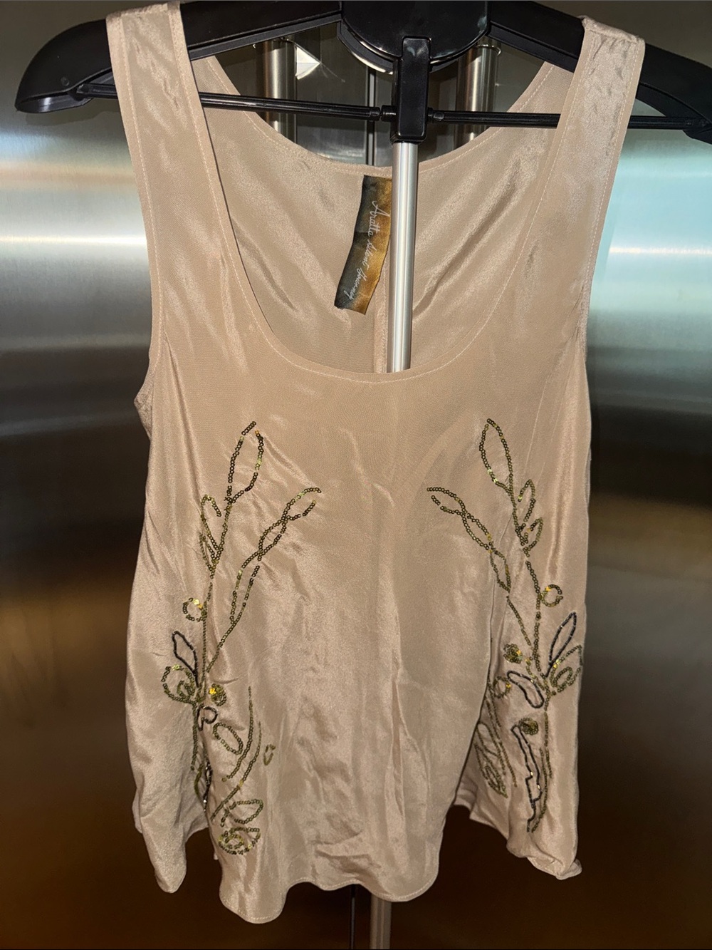 Aratta Silent Journey Silk Beaded Cream Sequin Scoop Neck Camisole